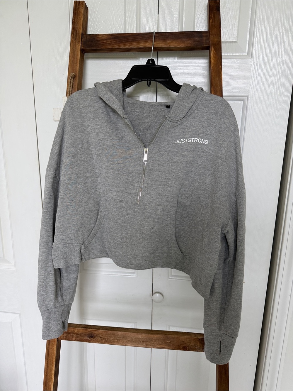 JUST STRONG Women's Grey Cropped Hoodie dropped shoulder. Oversized Sweatshirt